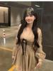 Women's French Style V-Neck Bow Patchwork Pleated Dress - White Long Sleeve Slim Fit Mini Skirt for Autumn