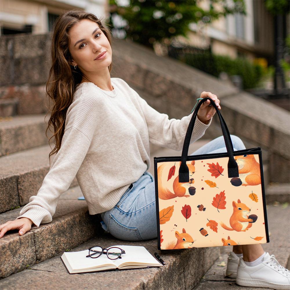Cute Squirrel Leaf Printed Tote Bag Autumn Style Daily Use Portable Casual Handbag For Women
