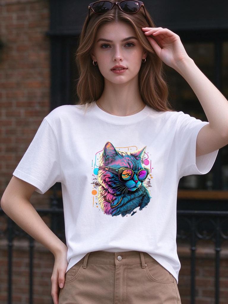 Unisex T Shirt Cool Neon Cat Print Casual Soft Comfortable Summer Tops