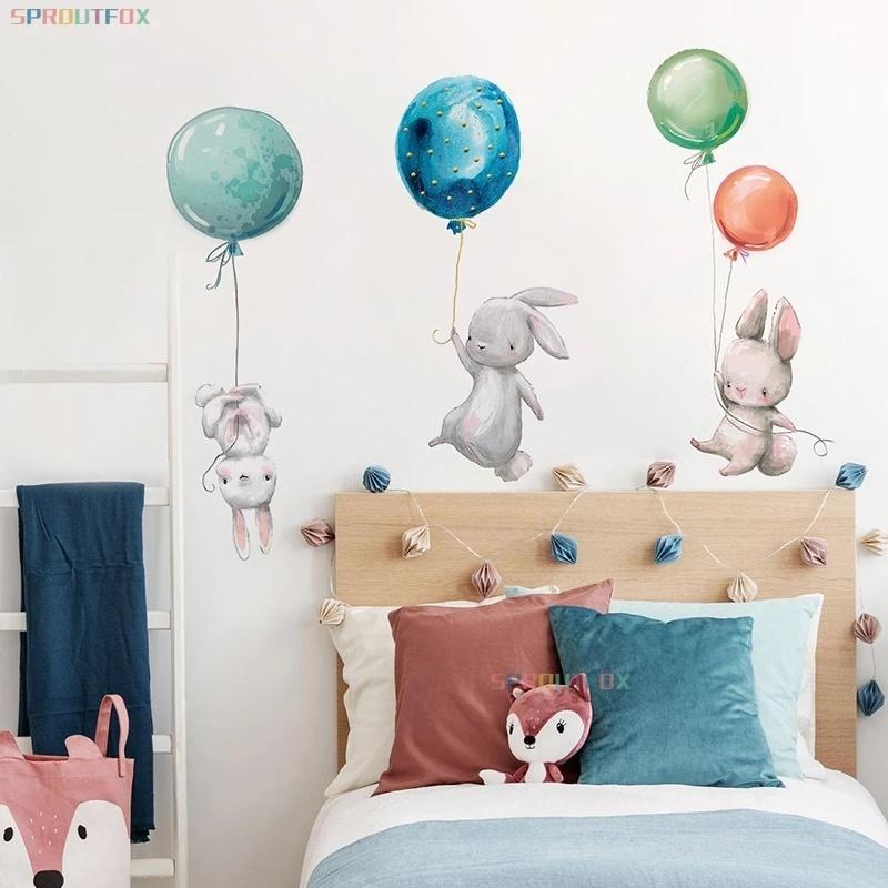 New Colorful Balloon Rabbits Bedroom Wall Stickers for Kids Room Decoration Grey Bunny Wall Stickers for Children Nursery Wall Decal