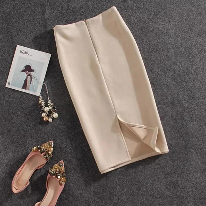 Autumn Winter High Waist Bodycon Vintage Suede Split Thick Stretchy Skirts Women Skirts Suede Solid Color Pencil Skirt