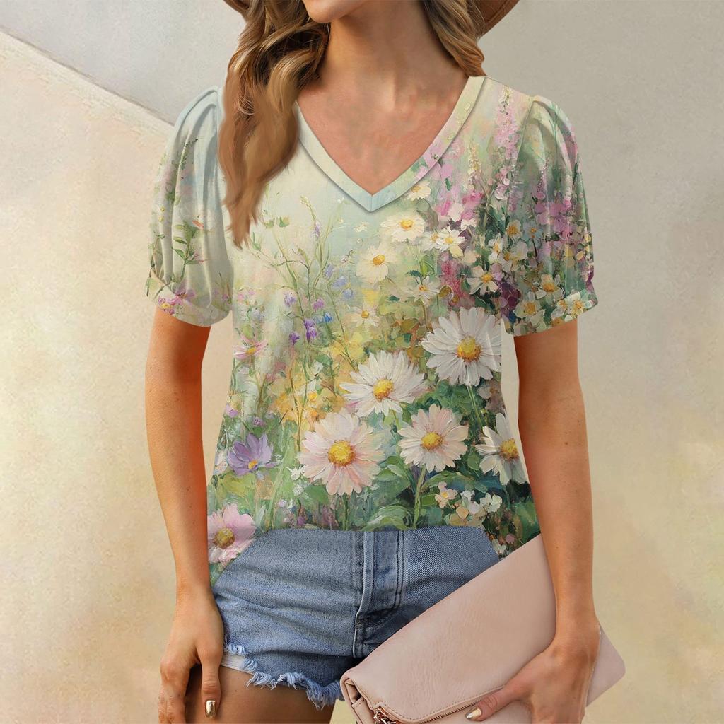 Damenmode Blumendruck Top Puff Kurzarm V-Ausschnitt T-Shirt Lose Casual T-Shirt