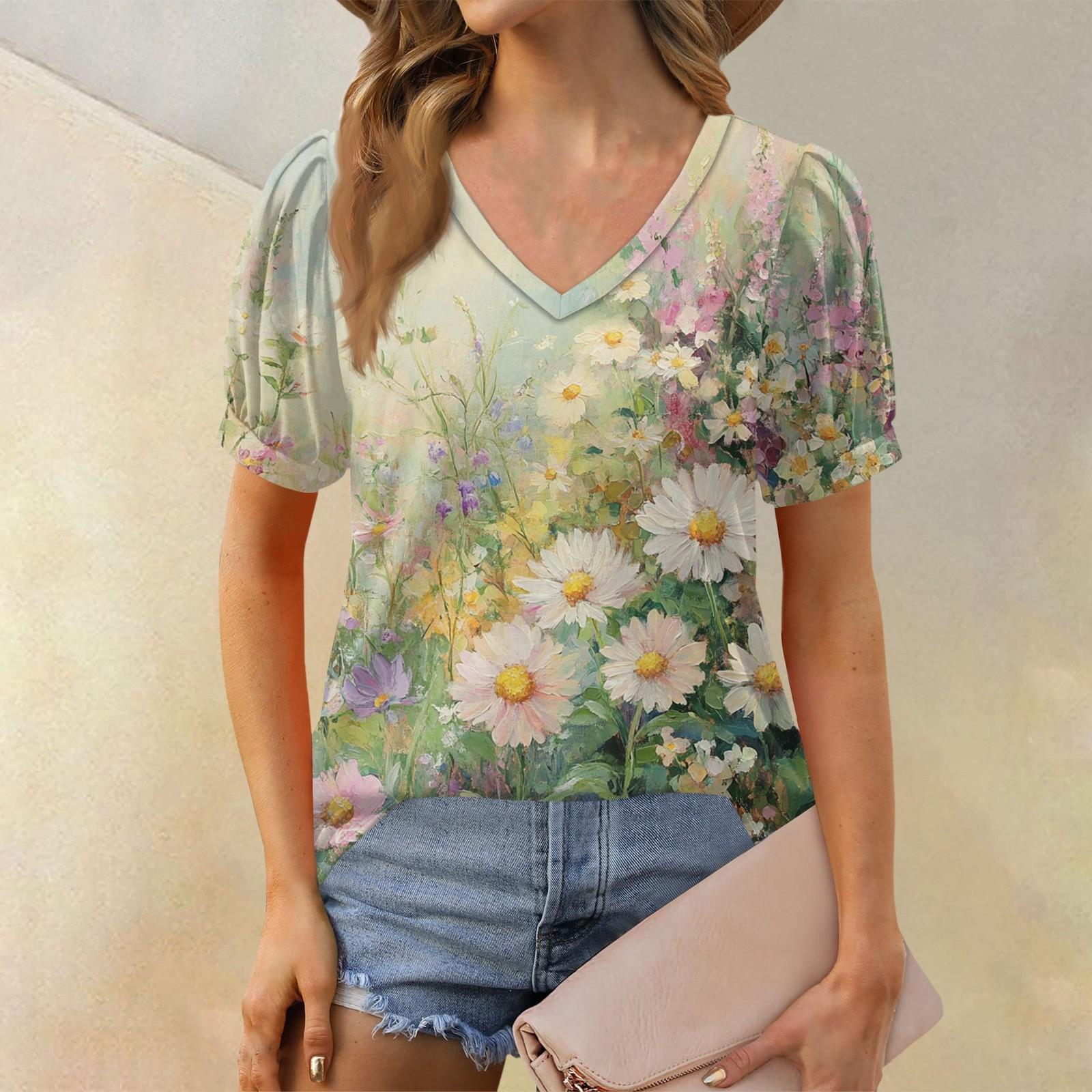 

Женская модная футболка с коротким рукавом и V-образным вырезом, с цветочным принтом, свободная повседневная футболка S