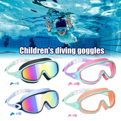 Óculos de Natação Infantil com Clipe Nasal e Protetor de Ouvido Anti-Embaçante Proteção UV Óculos de Piscina Lente Anti-Estilhaço para Meninos Meninas