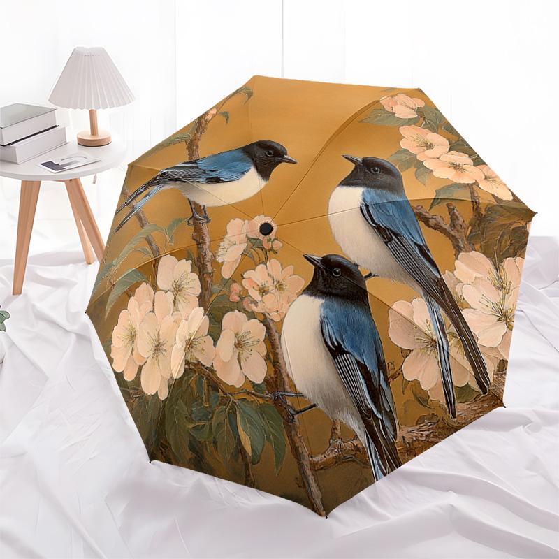 1 Stück Automatischer Faltregenschirm - Muster mit Vögeln auf Ästen, Tragbares & Faltbares Design mit 8 Speichen, Weihnachts-Geburtstagsgeschenke