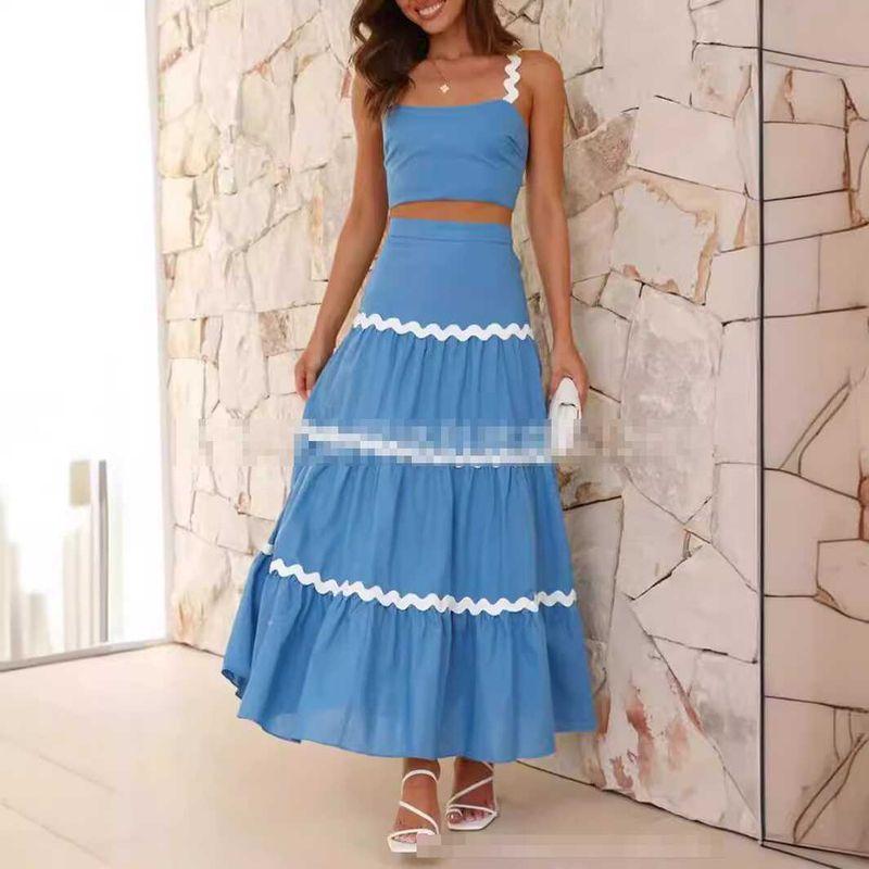 

Lace Color Matching Large Swing Suit Skirt Fake Two-Piece Suit Suit Seaside Two Piece Vest + Skirt Set Blue bottom white lace 3XL