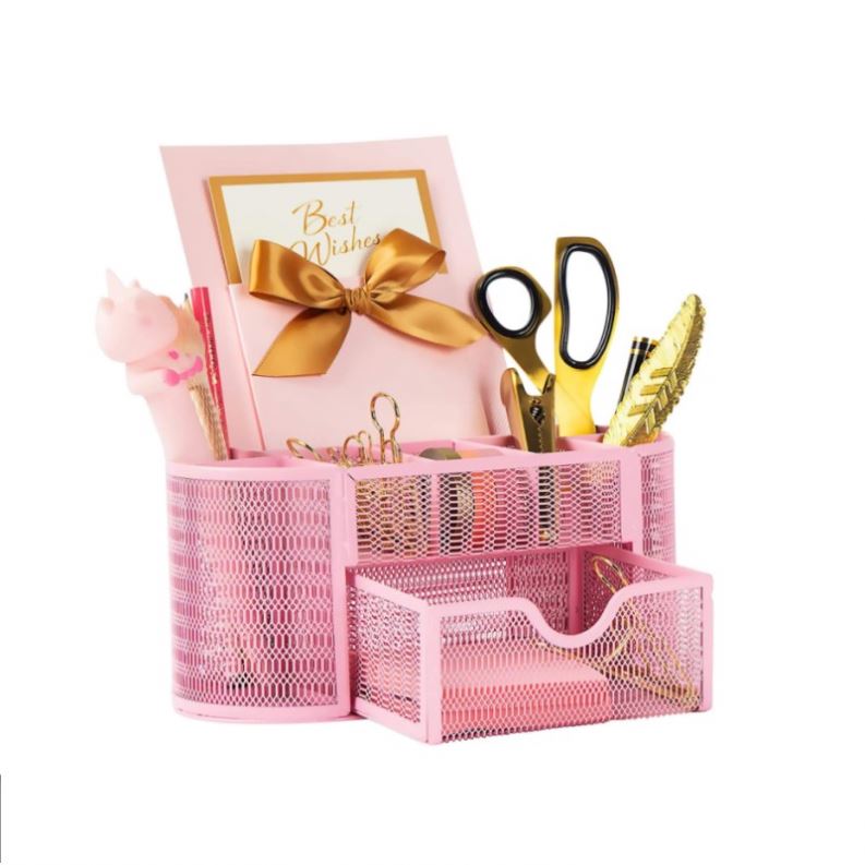Metal  Desk Organizers Office Supplies Pencil Holder Sliding Drawer Mesh Desktop Organizer with 6 Compartments