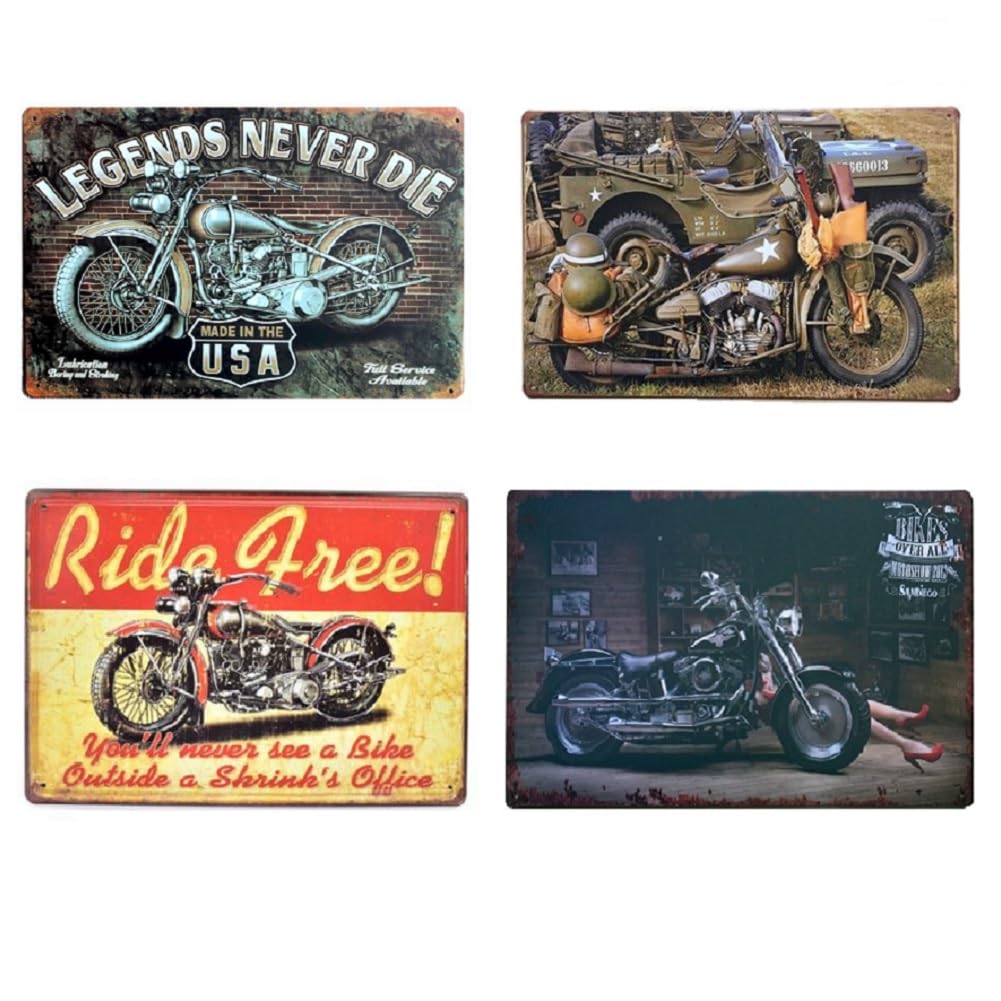 KitMall 4-Piece Set American Retro Tin Sign Motorcycle Design Vintage Sign Plate Garage
