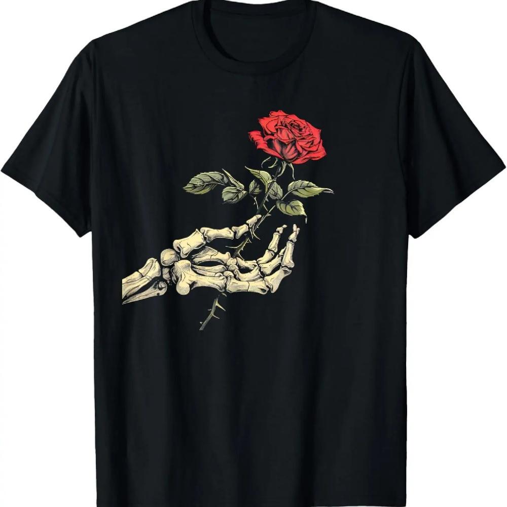 

Aesthetic Rose Flower White Skeleton Hand Holding A Red Rose T-Shirt XXXL чёрный