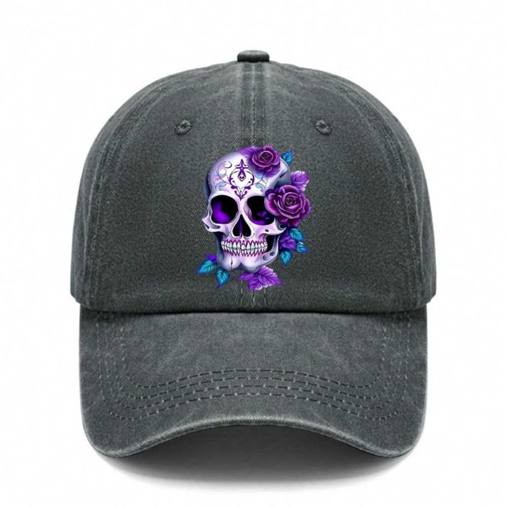 [Gothic Skull Baseball Cap] Unisex Adjustable Skull With Purple Roses Print Soft Fabric Curved Brim Daily Wear Streetwear Baseball Hat - Dad Hat чёрный