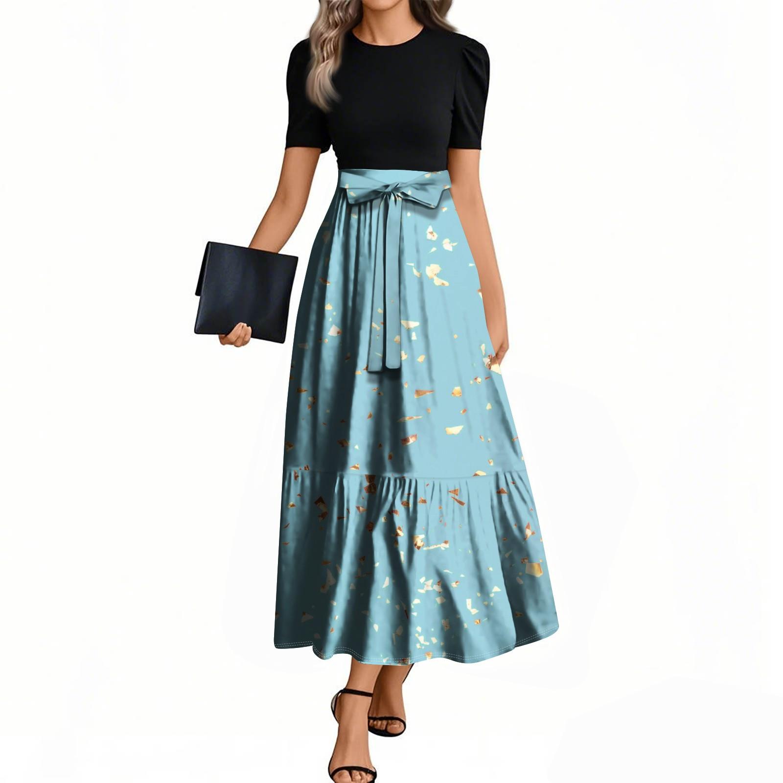 

Женские модные повседневные платья с поясом, коротким рукавом, круглым вырезом, геометрическим узором, элегантные платья с темпераментом XL небесно-голубой