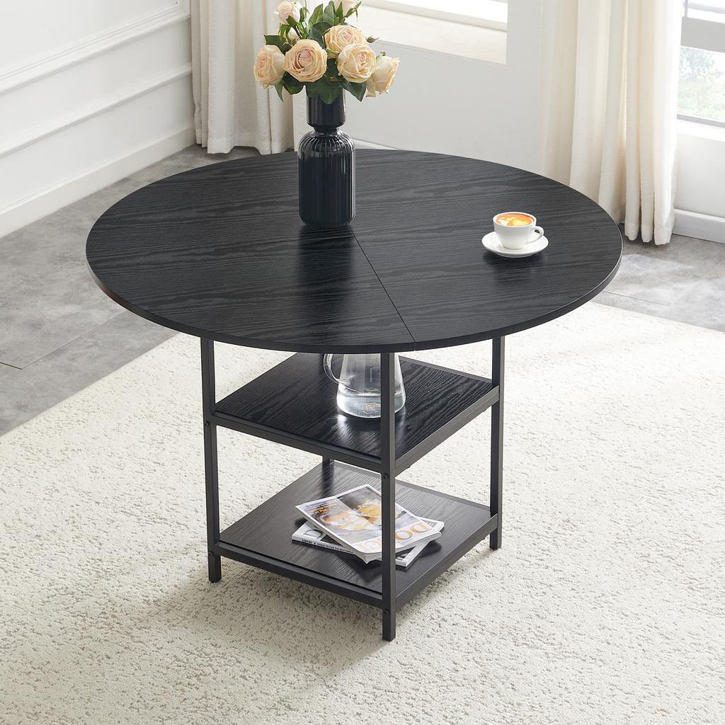 Round Dining Table with 107 cm Diameter and Double Storage Level, Black MDF Top + Metal Frame, Suitable for 2-4 People, For European Family Meals