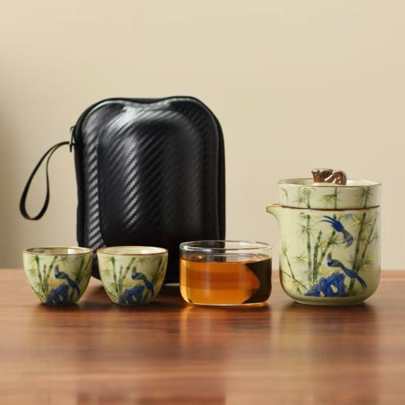 

Ru Kiln Travel Tea Set Kit Elegant Teapot And Tea Cup Set 1 Pot 3 Cups Household Tea Brewing Organizer Portable Outdoor Tote Bag
