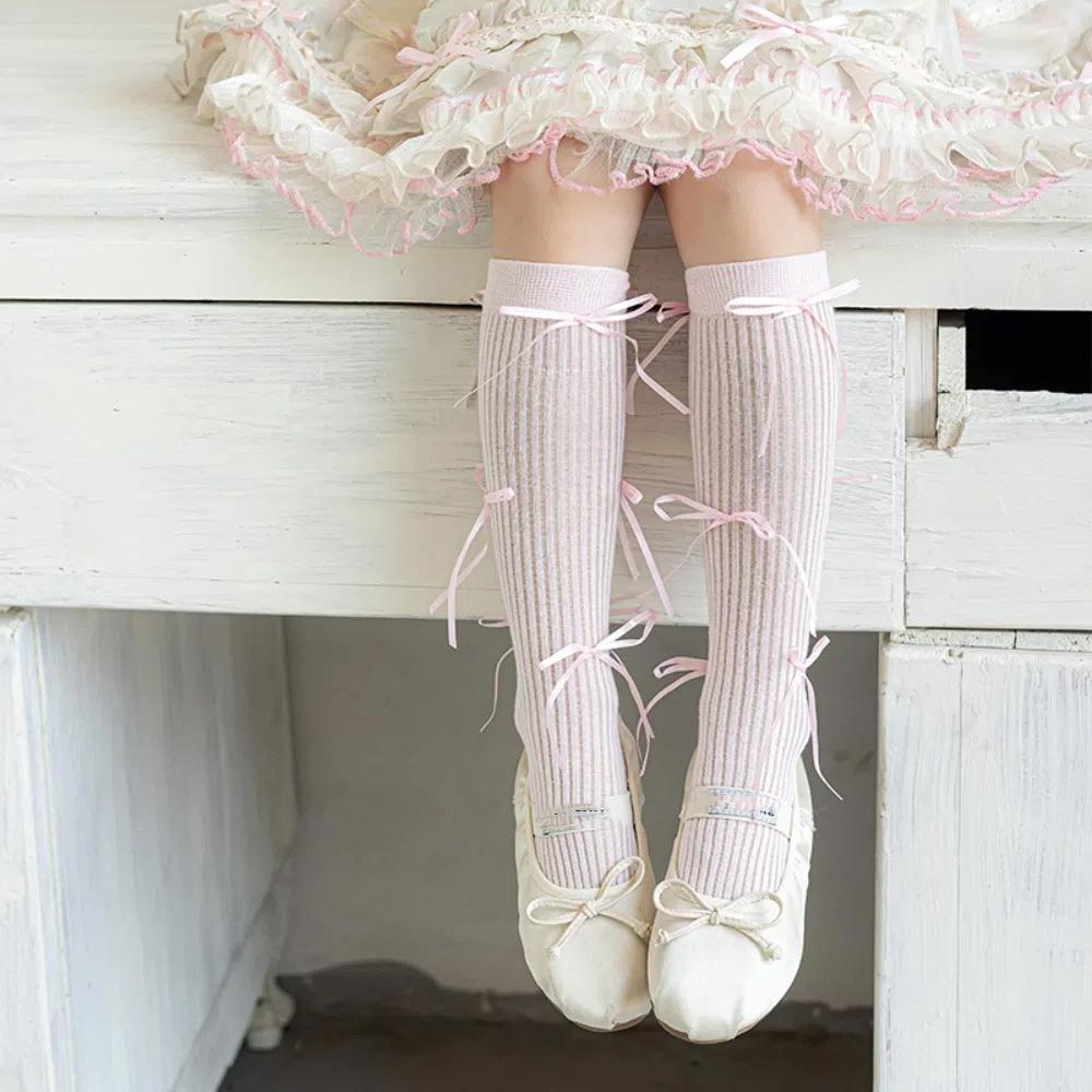 Ribbon Bow Balletcore Socks Solid Color Thin Stockings Comfortable Mid-Tube Hosiery  Women