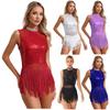 Frauen Pailletten Latin Jazz Dance Kostüm Ärmelloses Ausschnitt Zurück Flowy Quaste Kleid Trikot Ballett Dancewear