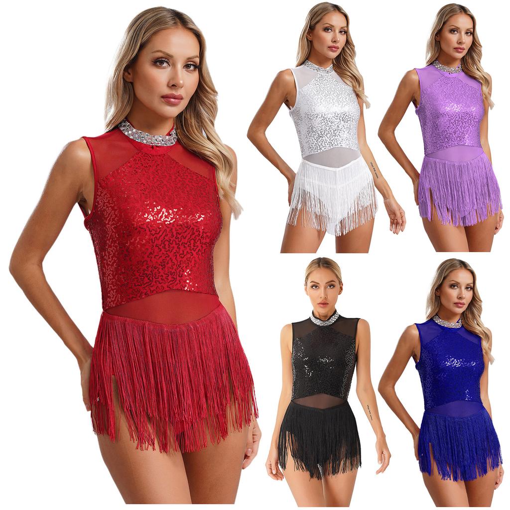 Frauen Pailletten Latin Jazz Dance Kostüm Ärmelloses Ausschnitt Zurück Flowy Quaste Kleid Trikot Ballett Dancewear