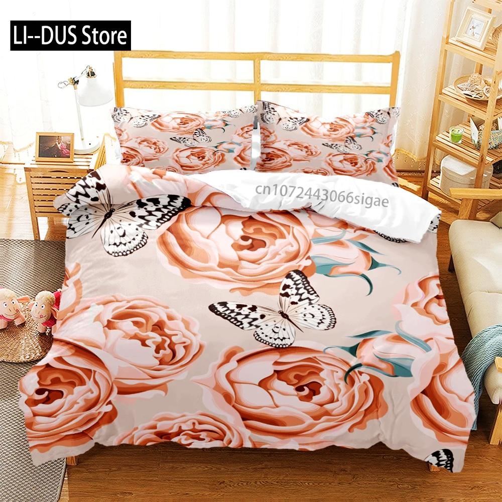 Rose Flower Butterfly Art Print Three Piece Bedding Set Fashion Children or Adults for Beds Quilt Covers Pillowcases Bedding Set