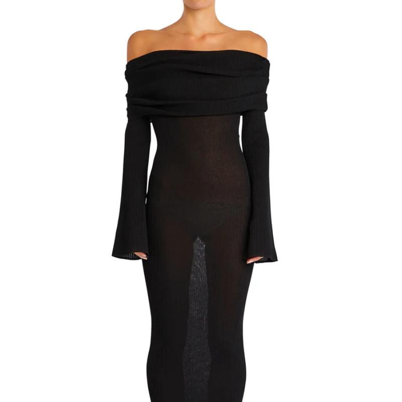 Long Sleeve Solid Color Dress With Ruffled Knit Fabric For Casual Streetwear Women