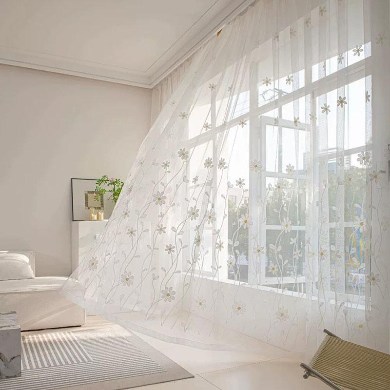 Korean Chamomile Embroidered Sheer Curtain White Elegant Transparent Window Screen Rod Pocket-Hook For Lving Room and Bedroom