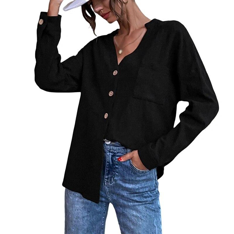 Solid Color Button Front Autumn Long Sleeve Stand Collar Loose Fit Shirts for Women Single Breasted Blouse Top