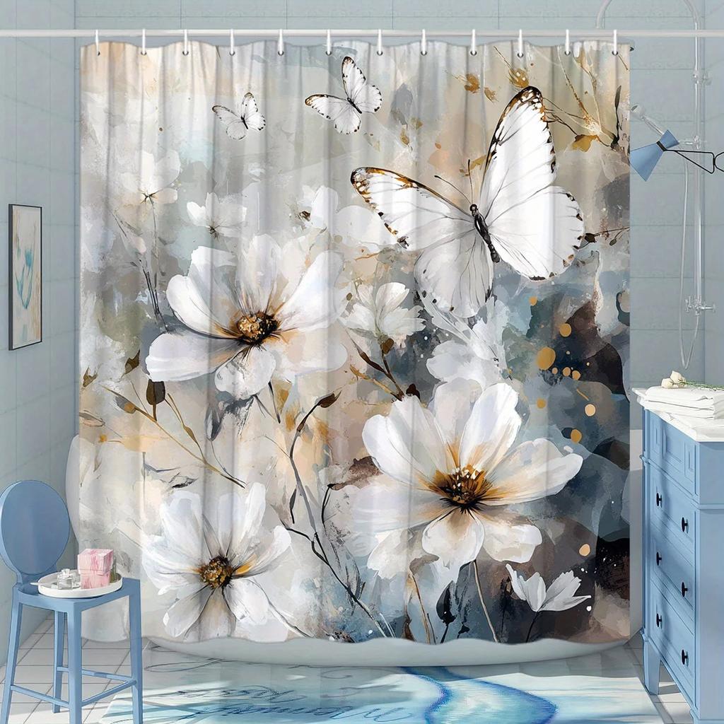 ~O~Floral Butterfly Shower Curtain - Watercolor White Flowers & Delicate Butterflies, Polyester, 70.8x70.8 Inches, Easy To Clean