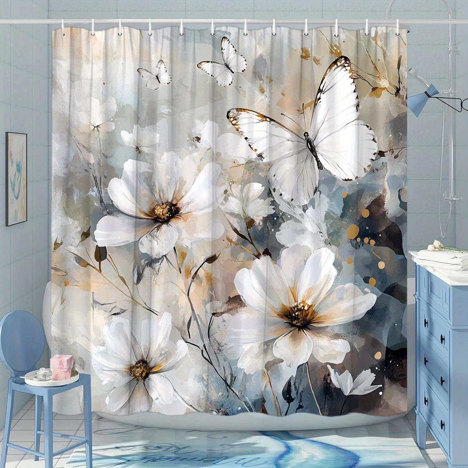 

Floral Butterfly Shower Curtain - Watercolor White Flowers & Delicate Butterflies, Polyester, 70.8X70.8 Inches, Easy To Clean W60H190(CM)-1 Pcs
