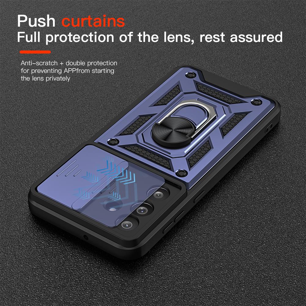 KEYSION Shockproof Case for Samsung M56 5G Silicone+PC Slide Camera Protection Ring Stand Phone Back Cover for Galaxy F56 5G