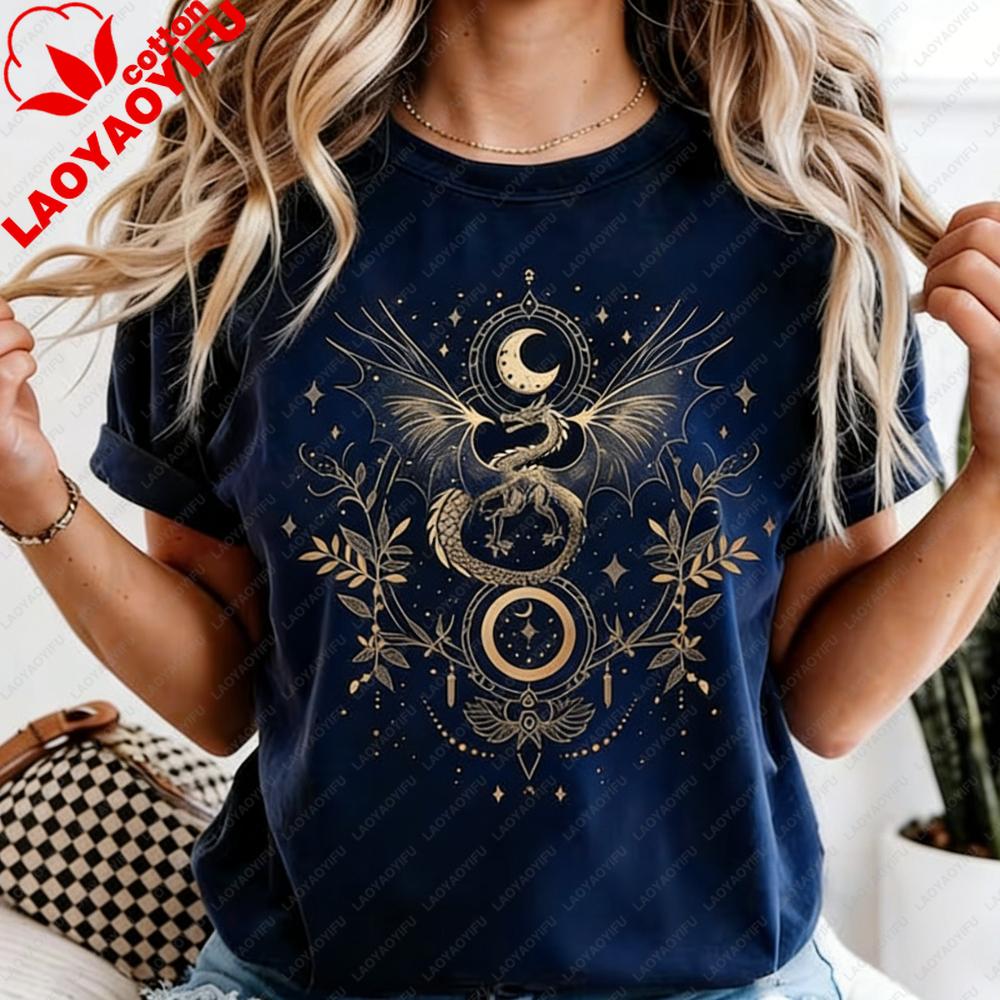 Celestial Dragon Moon Phase T-Shirt Witchy Boho Floral Tee Gothic Style Women Fashion Casual Tshirt Retro Design Printed Tops