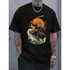 European Size Men's Heavyweight Japanese Samurai Cat Anime T-Shirt - Retro Ukiyo-e Manga Warrior & Rising Sun Design, Crew Neck Graphic Tee