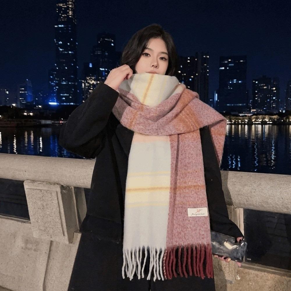 Thickened Faux Cashmere Scarf Classic Tassels Blanket Scarf Cozy Warm Stripe Shawl Cold-Weather