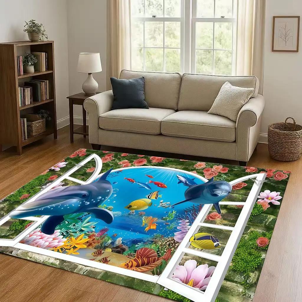 3D Illusion Underwater World Breaking Wall Living Room Non-Slip Area Rug Carpet for Bedroom Playroom Sofa,Home Decor Doormat