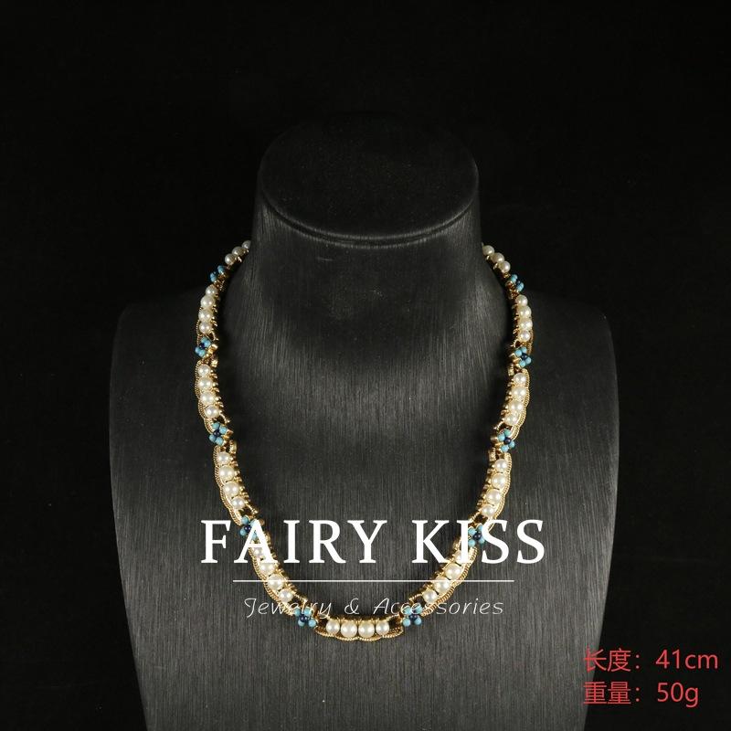 Stylish Round Inlaid Turquoise Imitation Pearl Stud Earrings Exquisite Alloy Short Necklace Women's Versatile Exquisite Set