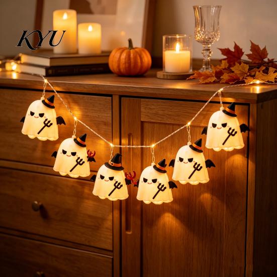 Modern Horror Style Lighting Decor Halloween Ghost String Lights, Fabric Witch Hat Devil LED Hanging Lightweight Easy Hang Holiday Ornament for Party,