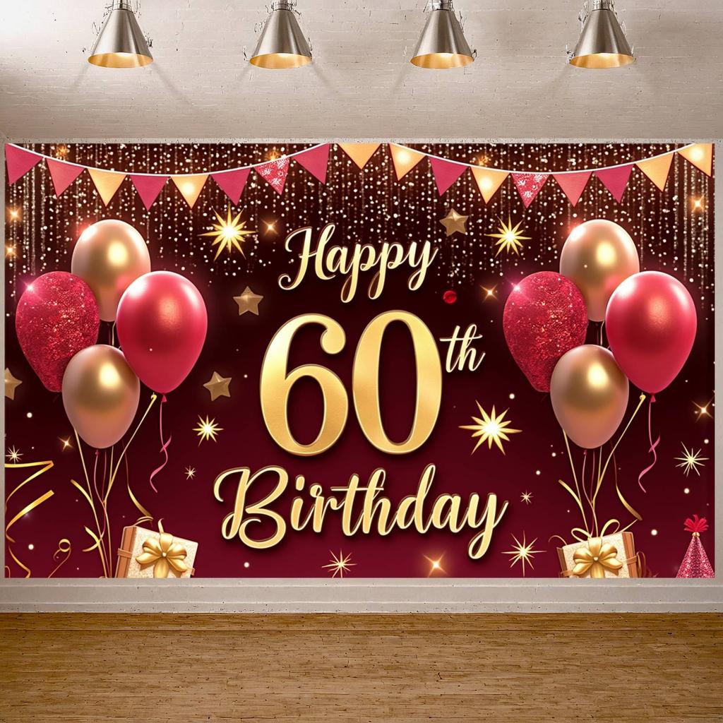 60th Birthday Backdrop Sparkle Details Banner Birthday Background Gift Box Elements 60th Birthday Display For Family Gatherings