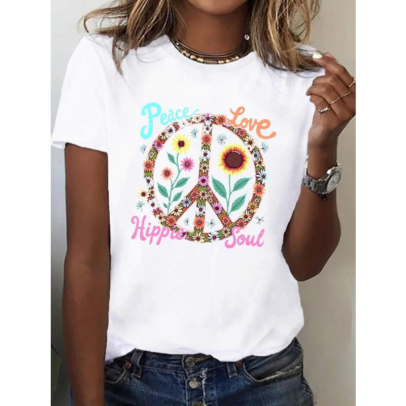 European Sizes Women's Peace Love Hippie Soul Floral Peace Symbol Graphic T-Shirt - Short Sleeve Crew Neck Casual Top with Medium Stretch
