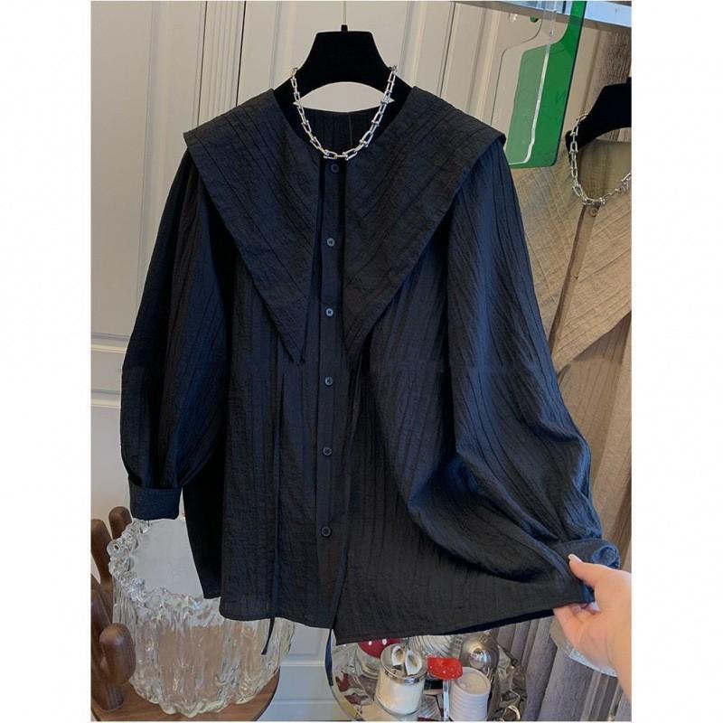 Women's Spring Pleated Shirt with Large Pointed Collar Loose-Fit Dolly Top with Casual Puff Sleeves