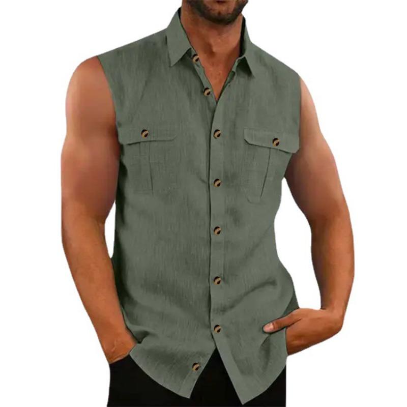 Men's Simple Cotton Linen Solid Color Lapel Sleeveless Shirt Beach Multi-color Casual Loose Men's Shirt