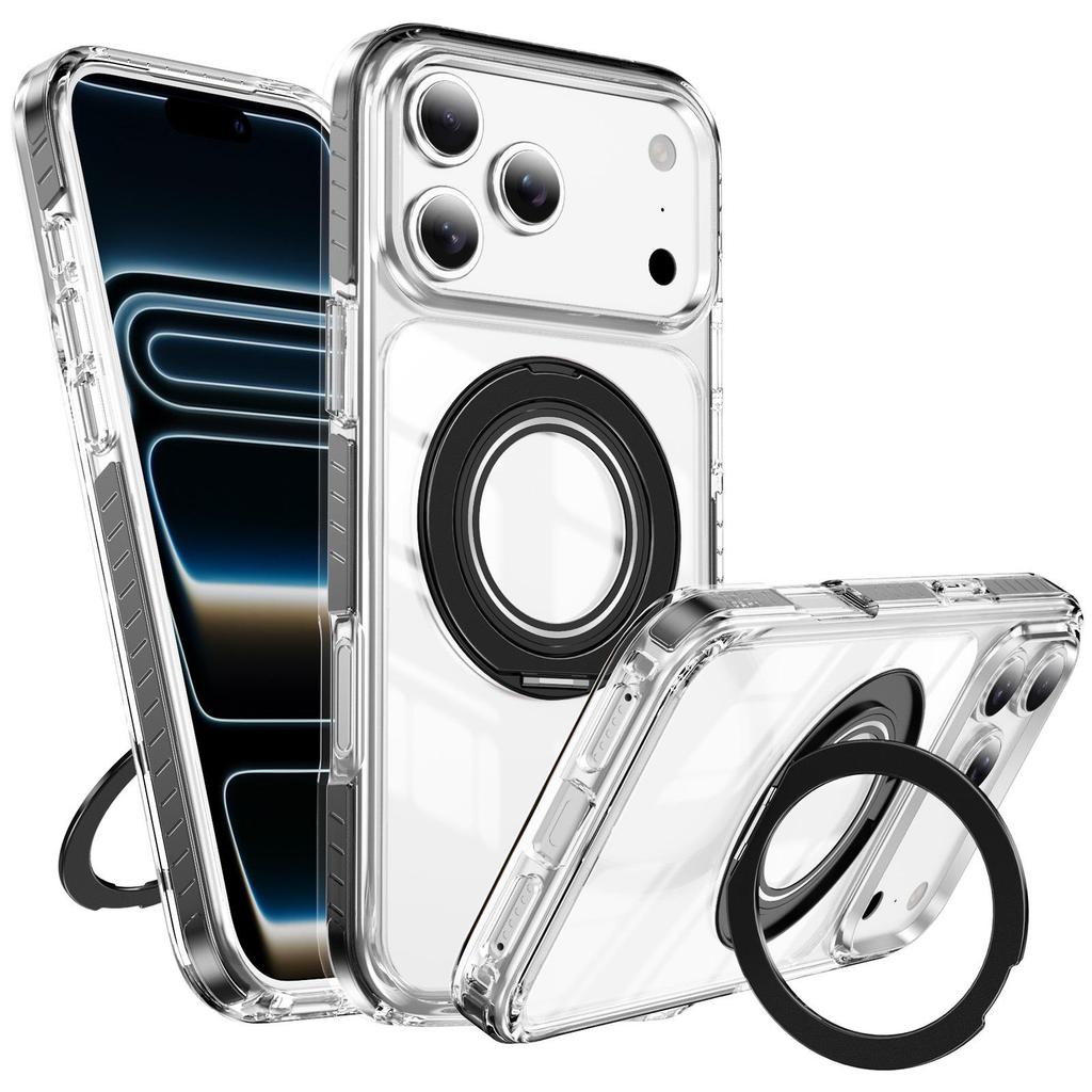 iPhone 17 Pro Max Magnetic Transparent Case with Two-Color Rotating Stand for Apple 16/15 Pro