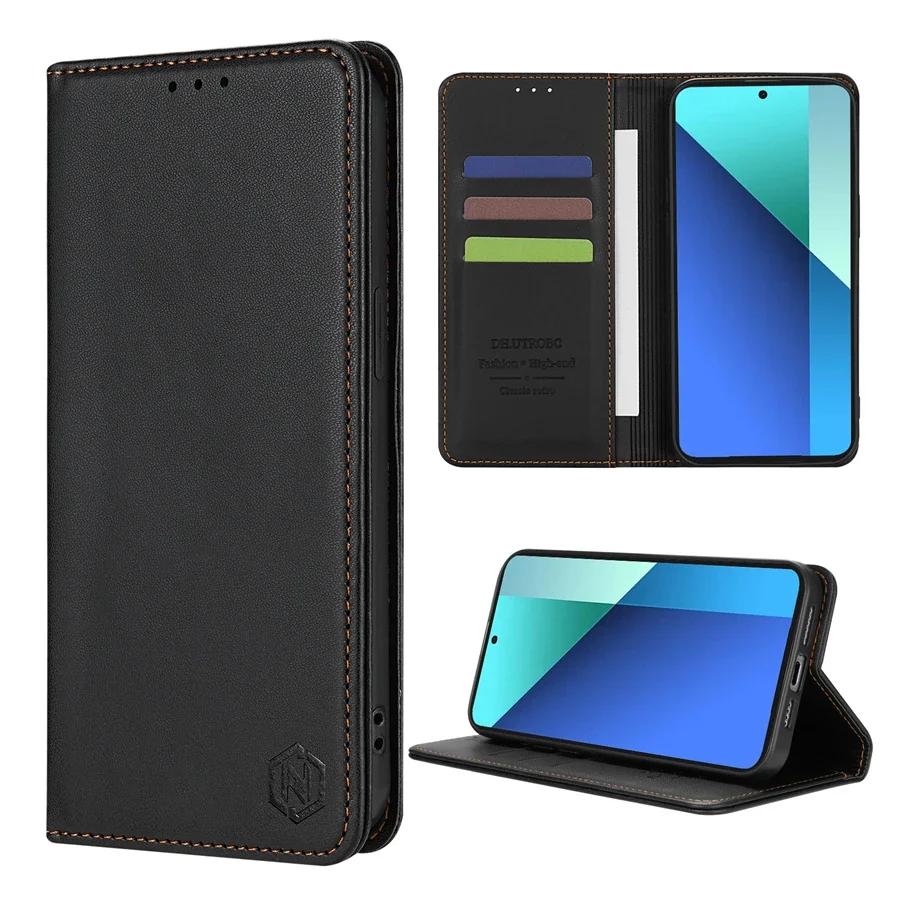 

Кожаный чехол-книжка с магнитным слотом для карт, приятный для кожи, для Xiaomi 14T 13T 11T Poco X7 X6 C75 M6 Redmi 14C 13C 12C 10C 9 9A 9C Redmi 9C (9C NFC) чёрный