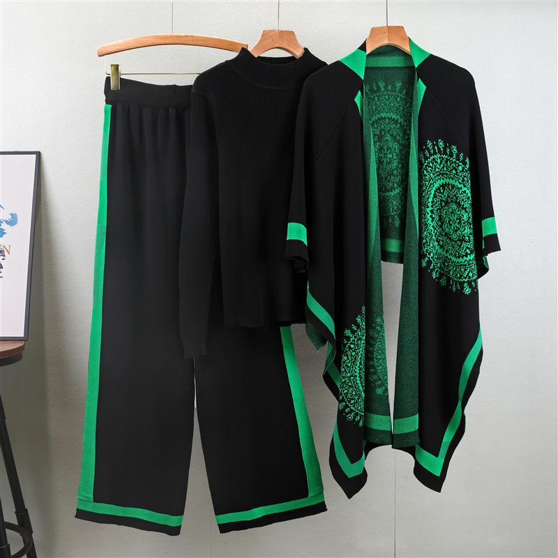 

Women s Autumn Casual Three-Piece Set: Knitted Cardigan, Shawl Cape, Wide-Leg Pants One Size чорний