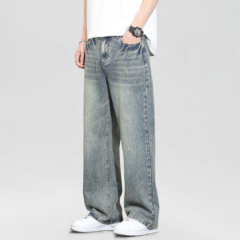 Summer new yellow mud American high street washed retro men's straight and thin straight jeans