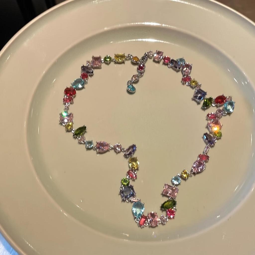 Candy Color Crystal Zircon Necklace, Sparkling Y2K Style, Rainbow Collarbone Chain, Jewelry Gift, Suitable for Eid Al-Fitr.