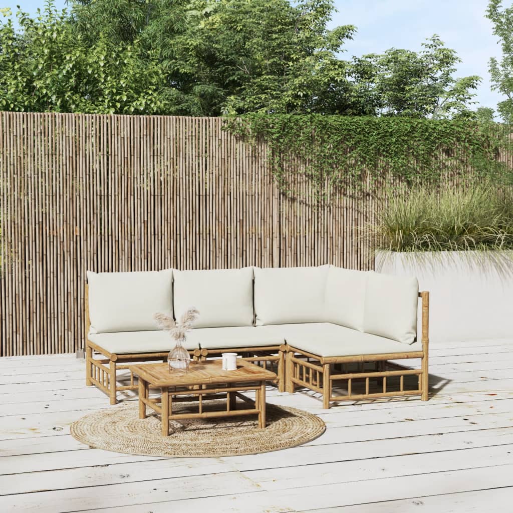 5 Piece Garden Lounge Set with Cream White Cushions Bamboo Brown