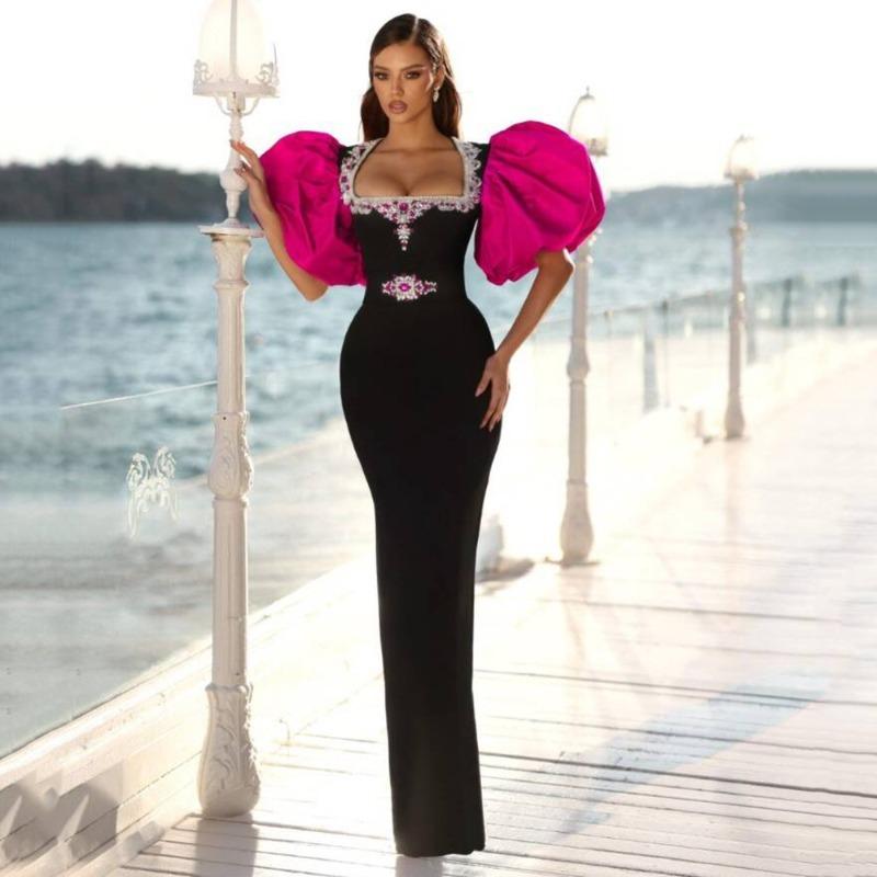 New bandage dress fashionable women's clothing square neck bubble sleeve design sense women's clothing diamond-encrusted evening dress sexy