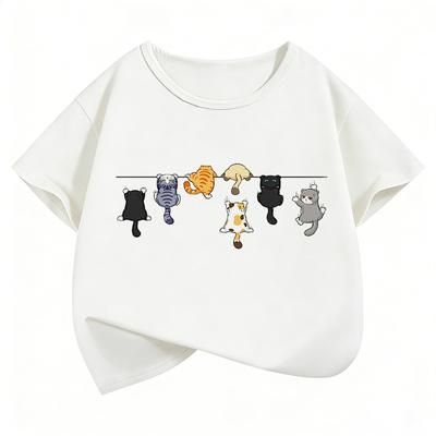Climbing Cat Pattern Trendy Design Print T Shirts Short Sleeve Kids Children's T-shirt Boys Girls Summer Spring Casual Top Tee