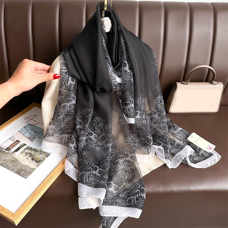 Light luxury simulated silk pattern scarf, silk scarf, commuting sunscreen, soft yarn scarf, large size fashion temperament shawl