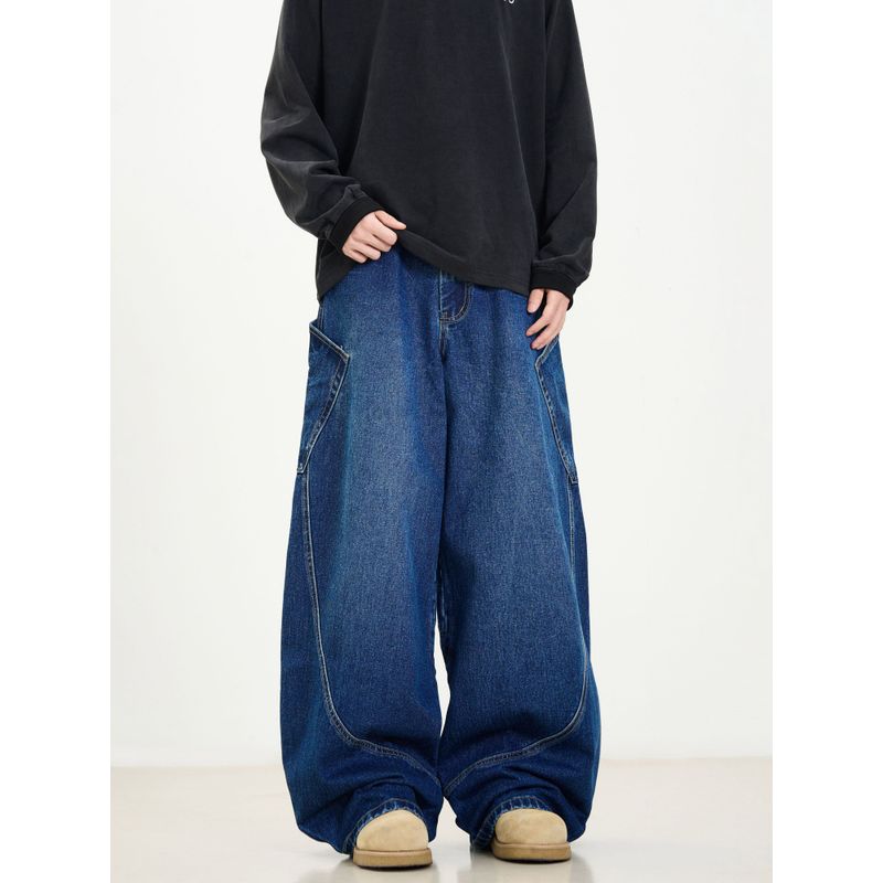 Kisko American Retro Washed Large Pocket Scimitar Design Jeans Unisex High Street Straight Wide-Leg Floor-Length Pants
