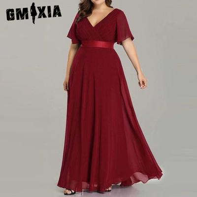 Vårsommer Håndfoldet Big Swing Dobbel V-hals Flared Sleeve Dress Elastisk Chiffon Bankett Brudepike Plus Size Aftenkjole