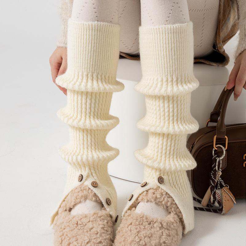 Boots Still Cotton Socks Cover Thickened Warm Calf Socks Button Split Fork Knitted Retro Milk White Wool Leg Cover