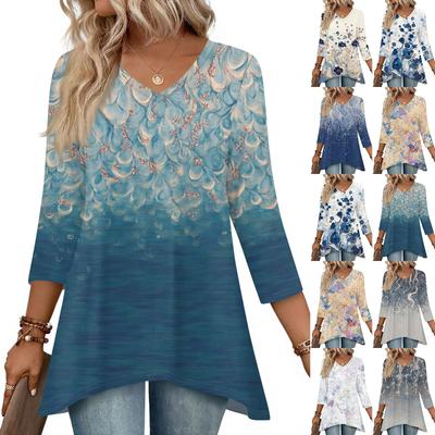 Damen Oberteile V-Ausschnitt 3/4 Ärmel Blusen Lässige Mittellange Hemden Mode Druck Tunika Oberteile